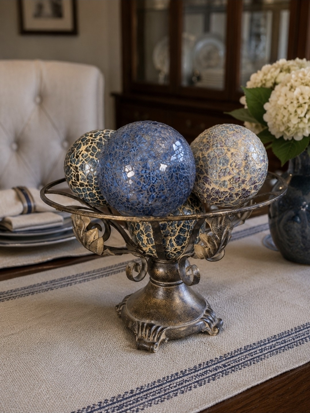 "Elegant Metal Pedestal Bowl Centerpiece with Decorative Mosaic Glass Balls